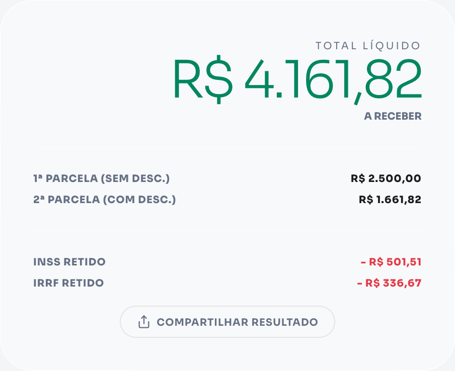 Exemplo de cálculo do décimo terceiro salário 2026: salário bruto R$ 5.000, 12 meses trabalhados