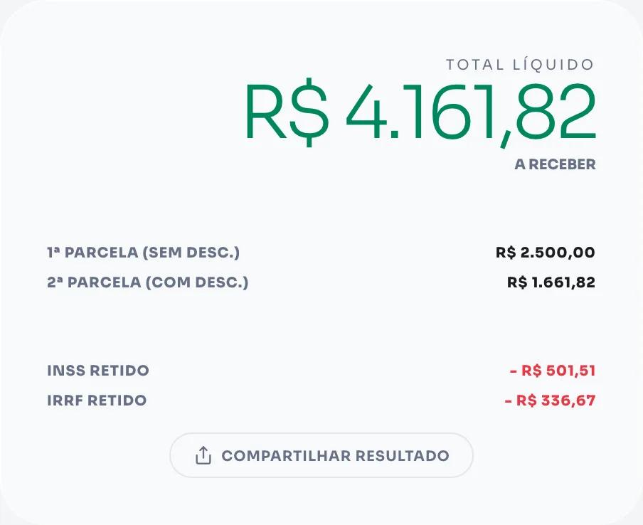 Exemplo de cálculo do décimo terceiro salário 2026: salário bruto R$ 5.000, 12 meses trabalhados