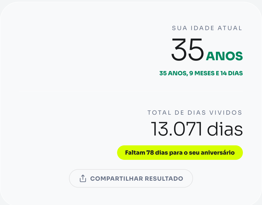 Exemplo de calculadora de idade: data de nascimento 15/06/1990 — resultado 35 anos, meses e dias