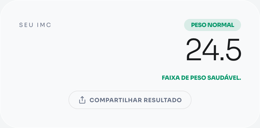 Exemplo de cálculo de IMC: peso 75 kg, altura 175 cm — resultado 24.5, classificação Peso Normal pela OMS