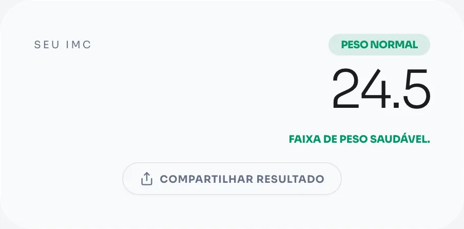 Exemplo de cálculo de IMC: peso 75 kg, altura 175 cm — resultado 24.5, classificação Peso Normal pela OMS