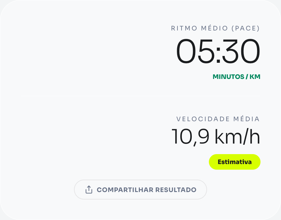 Exemplo de cálculo de pace: 10 km em 55 minutos — pace 5:30 min/km e velocidade média