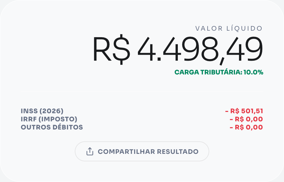 Exemplo de cálculo de salário líquido 2026: salário bruto R$ 5.000 com descontos de INSS e IRRF