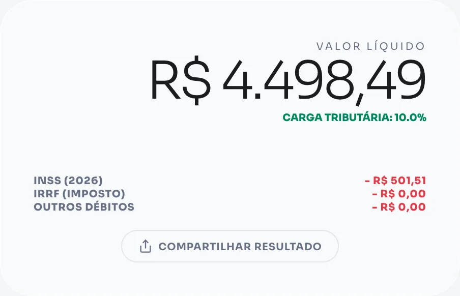 Exemplo de cálculo de salário líquido 2026: salário bruto R$ 5.000 com descontos de INSS e IRRF zerado