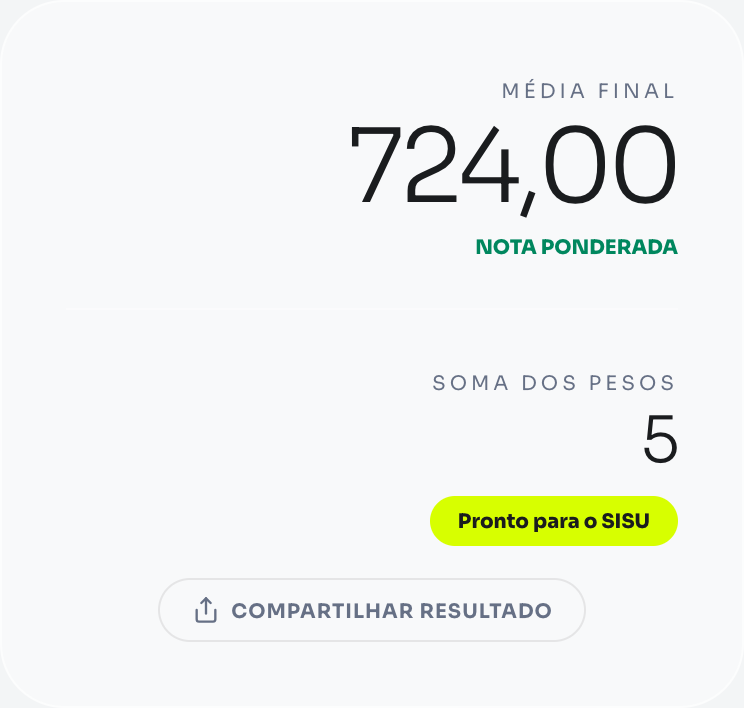 Exemplo de cálculo de nota SISU 2026 com notas do ENEM preenchidas
