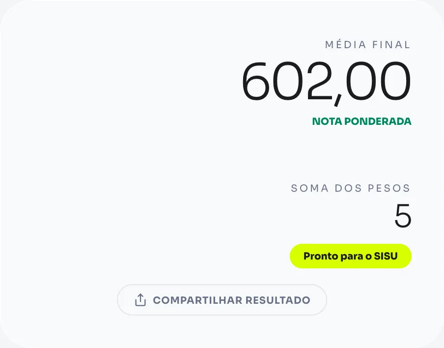 Exemplo de cálculo de nota SISU 2026 com notas do ENEM preenchidas